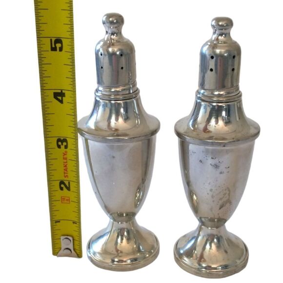 Web Pewter Salt Pepper Shaker Set Amber Glass Lined Weighted Vtg 80s Farmhouse. - Picture 2 of 16